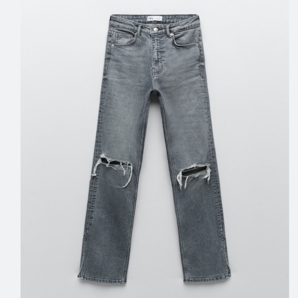 Zara high rise slim fit split leg ripped jeans